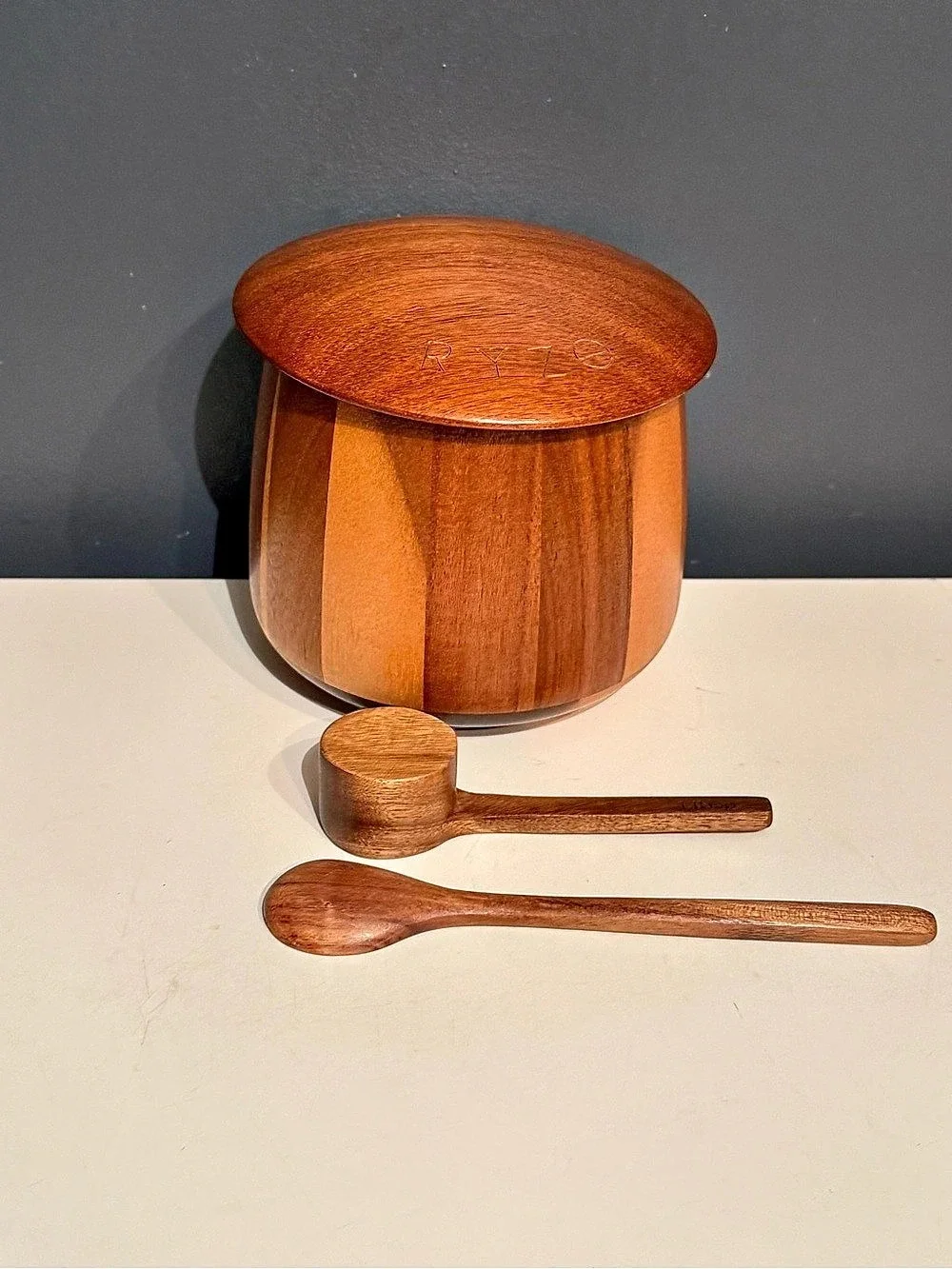 RYZE Wooden Salt Cellar with Spoon Set in Brown